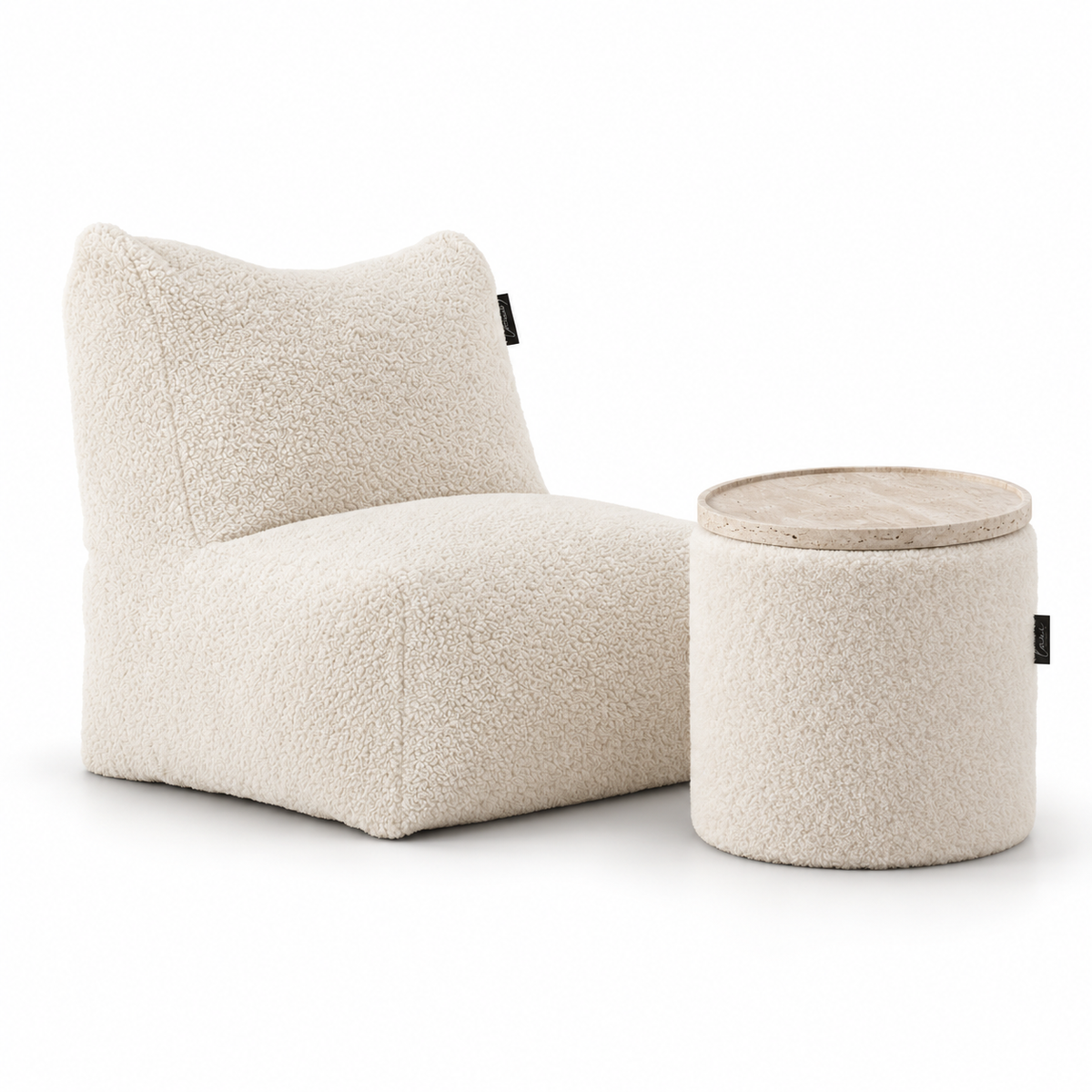 The Doodle Cream/White Bundel - SeatXL + Round Pouf Ø44 + Travertine Tray Ø44